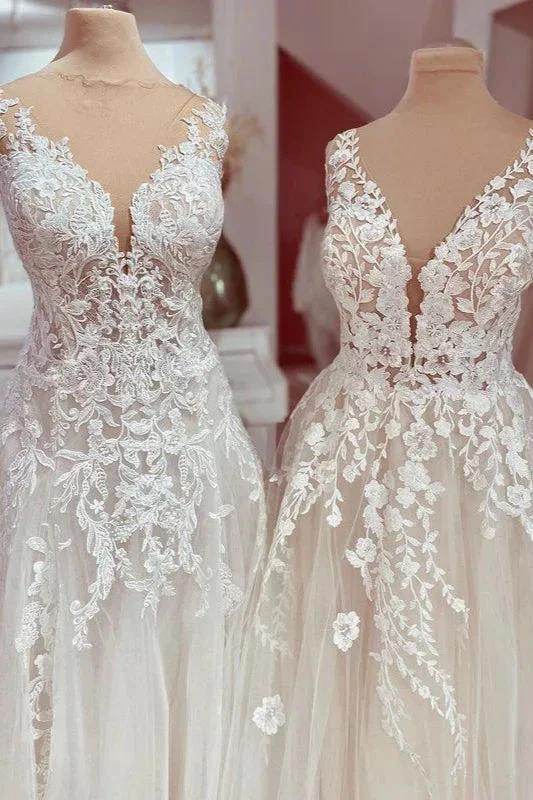 Charming Long A-Line V-neck Appliques Lace Tulle Wedding Dress by BIZTUNNEL