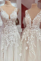 Charming Long A-Line V-neck Appliques Lace Tulle Wedding Dress by BIZTUNNEL