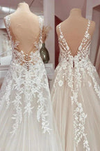 Charming Long A-Line V-neck Appliques Lace Tulle Wedding Dress by BIZTUNNEL
