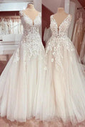 Charming Long A-Line V-neck Appliques Lace Tulle Wedding Dress by BIZTUNNEL