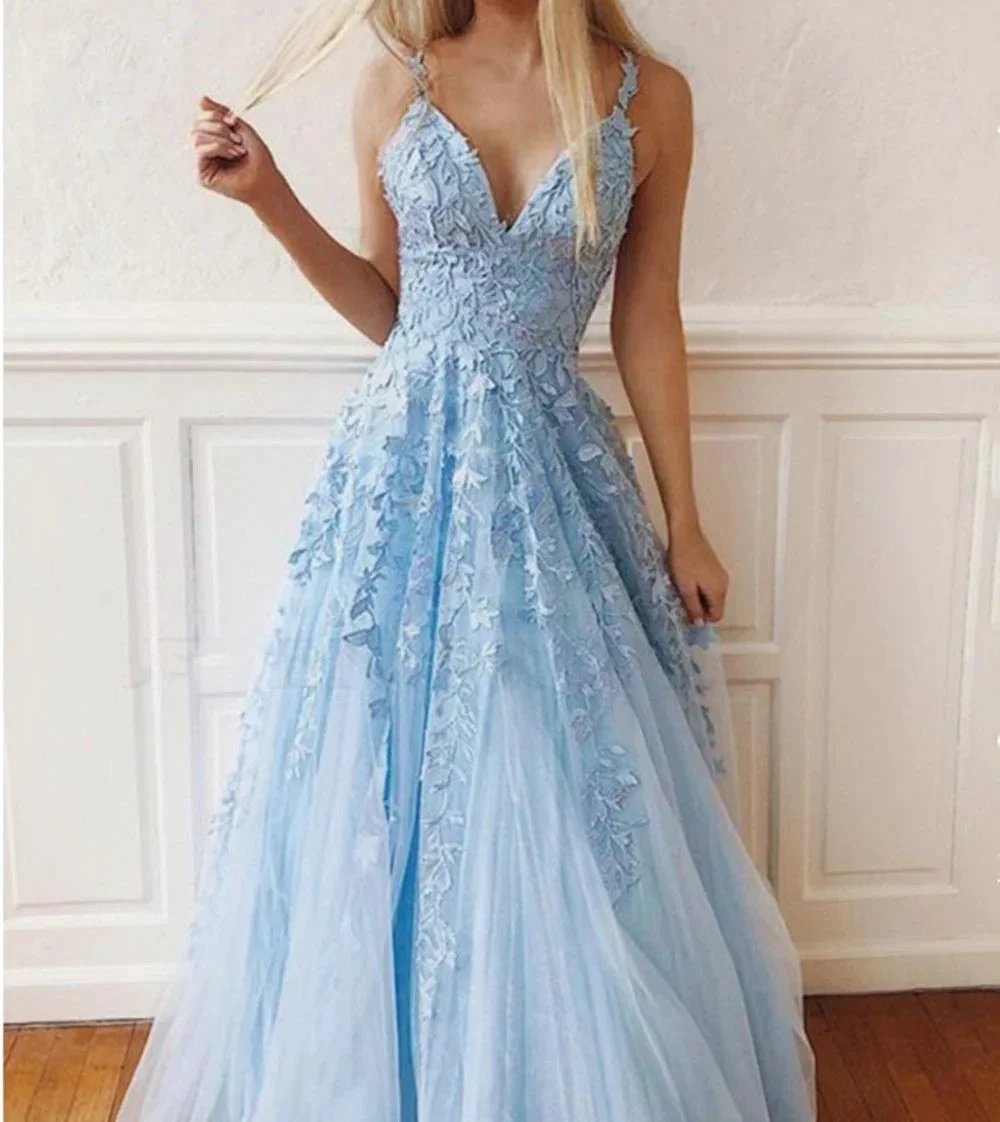 Charming Long A-Line V-neck Spaghetti Straps Tulle Open Back Prom Dress by BIZTUNNEL