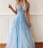 Charming Long A-Line V-neck Spaghetti Straps Tulle Open Back Prom Dress by BIZTUNNEL