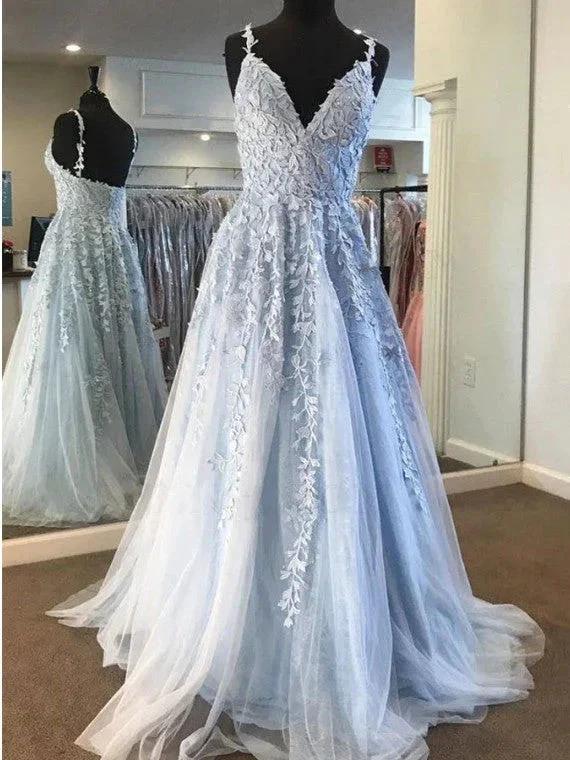 Charming Long A-Line V-neck Spaghetti Straps Tulle Open Back Prom Dress by BIZTUNNEL