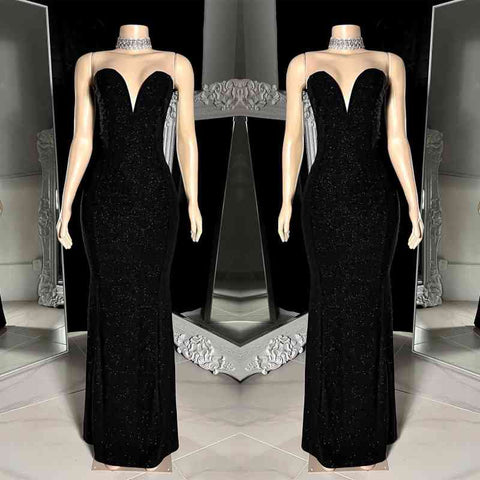 Charming Long Black V-neck Sleeveless Mermaid Prom Dress WIth Beading