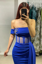 Charming Long Blue Strapless Column Prom Dress With Rhinestone by misshow.com