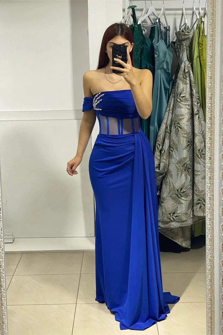 Charming Long Blue Strapless Column Prom Dress With Rhinestone by misshow.com