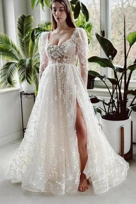 Charming Long Ivory A-line Long Sleeves Lace Wedding Dress With Slit by misshow.com