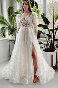 Charming Long Ivory A-line Long Sleeves Lace Wedding Dress With Slit by misshow.com