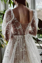 Charming Long Ivory A-line Long Sleeves Lace Wedding Dress With Slit by misshow.com