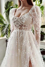 Charming Long Ivory A-line Long Sleeves Lace Wedding Dress With Slit by misshow.com