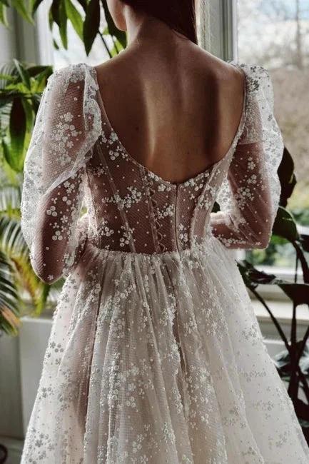 Charming Long Ivory A-line Long Sleeves Lace Wedding Dress With Slit by misshow.com