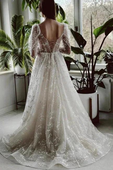 Charming Long Ivory A-line Long Sleeves Lace Wedding Dress With Slit by misshow.com