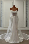 Charming Long Ivory Mermaid Sleeveless Satin Wedding Dress With Pearls by misshow.com