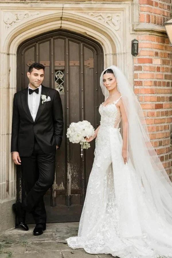Charming Long Ivory Sleeveless Lace Wedding Dress with Detachable Train by misshow.com