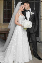 Charming Long Ivory Sleeveless Lace Wedding Dress with Detachable Train by misshow.com