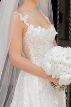 Charming Long Ivory Sleeveless Lace Wedding Dress with Detachable Train by misshow.com
