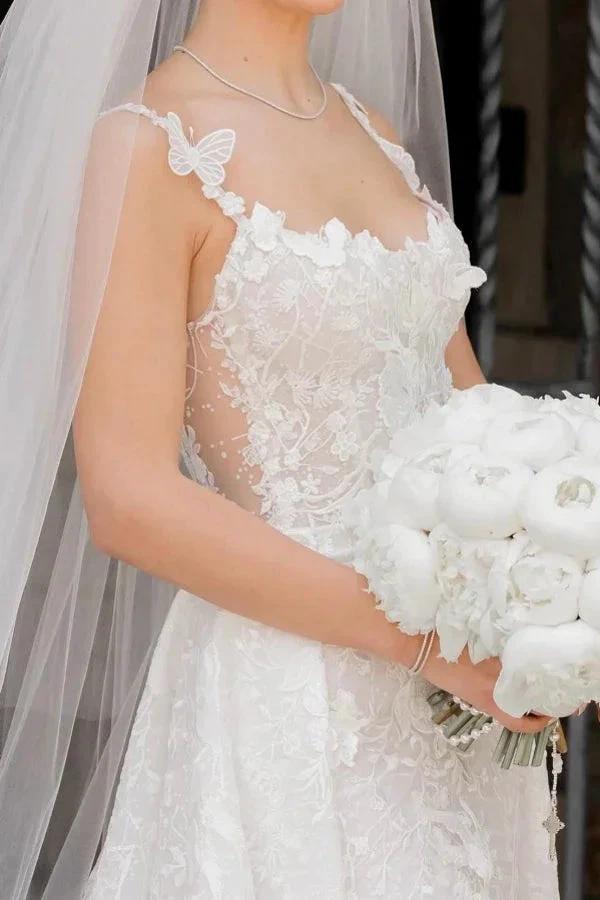 Charming Long Ivory Sleeveless Lace Wedding Dress with Detachable Train by misshow.com