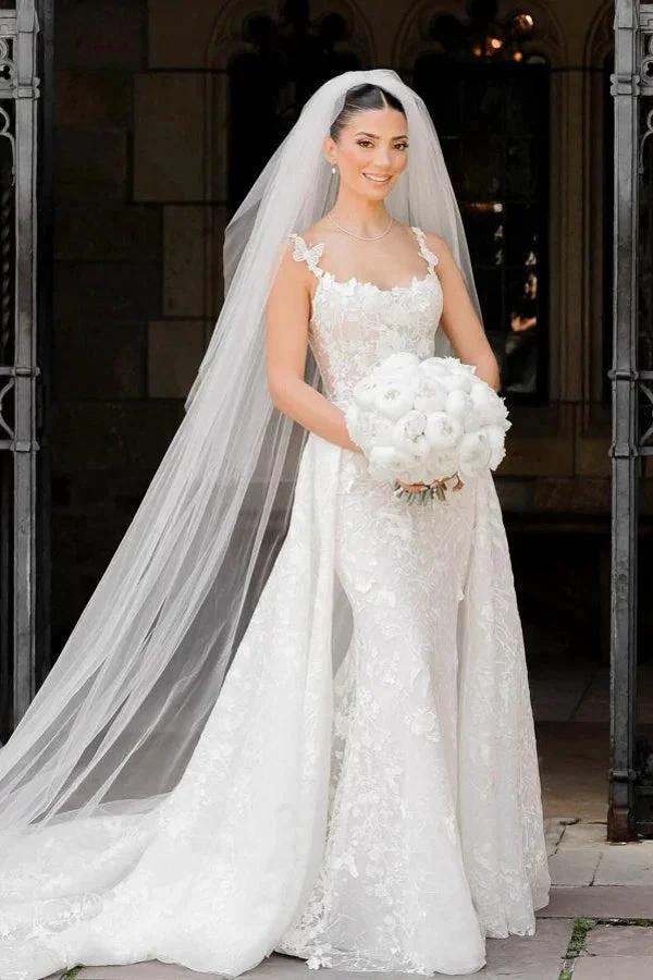 Charming Long Ivory Sleeveless Lace Wedding Dress with Detachable Train by misshow.com