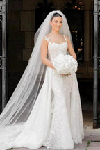 Charming Long Ivory Sleeveless Lace Wedding Dress with Detachable Train by misshow.com