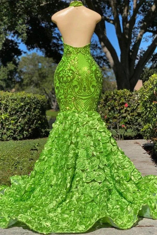 Charming Long Mermaid Halter Satin Lace Backless Prom Dress by BIZTUNNEL