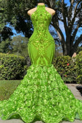 Charming Long Mermaid Halter Satin Lace Backless Prom Dress by BIZTUNNEL