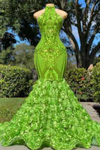Charming Long Mermaid Halter Satin Lace Backless Prom Dress by BIZTUNNEL