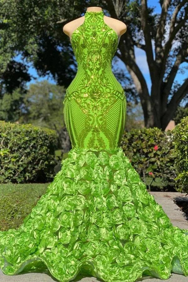 Charming Long Mermaid Halter Satin Lace Backless Prom Dress by BIZTUNNEL