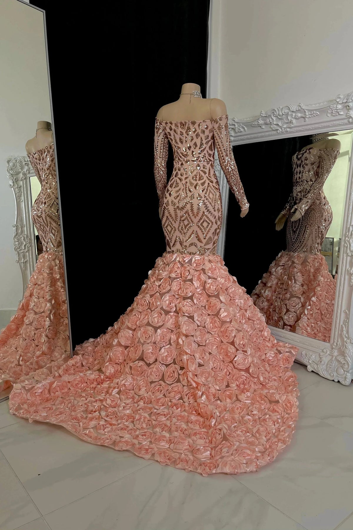 Charming Long Mermaid Long Sleeves Prom Dress With Flowers by misshow.com
