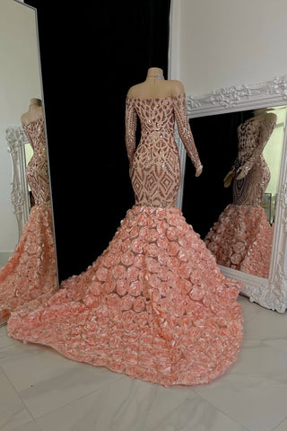 Vestido de fiesta encantador de sirena con mangas largas y flores