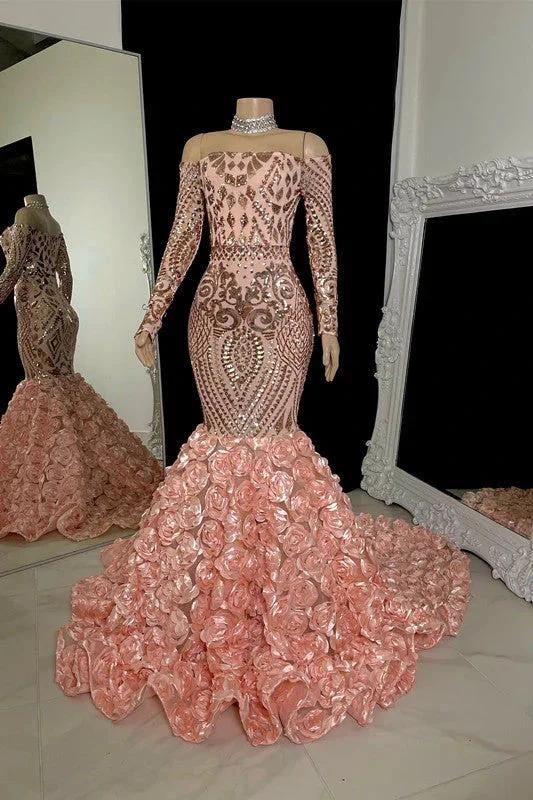 Charming Long Mermaid Long Sleeves Prom Dress With Flowers by misshow.com