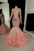 Charming Long Mermaid Long Sleeves Prom Dress With Flowers by misshow.com