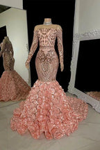 Charming Long Mermaid Long Sleeves Prom Dress With Flowers by misshow.com