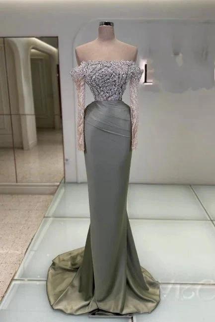 Charming Long Mermaid Off-the-shoulder Lace Glitter Prom Dress with Long Sleeves by misshow.com