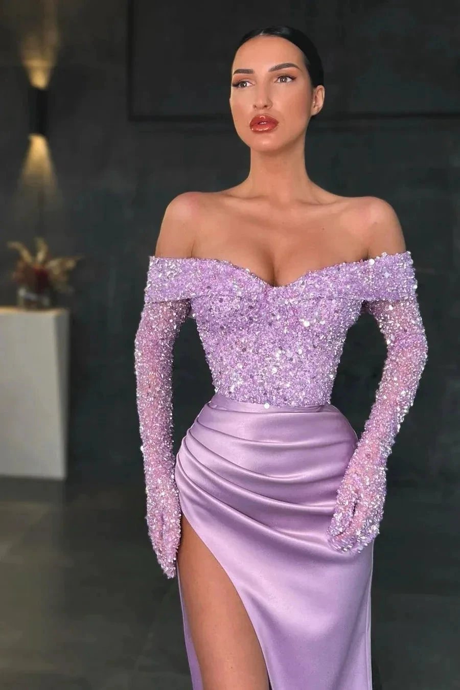 Charming Long Mermaid Off-the-shoulder Long Sleeves Lace Prom Dress With Slit by misshow.com