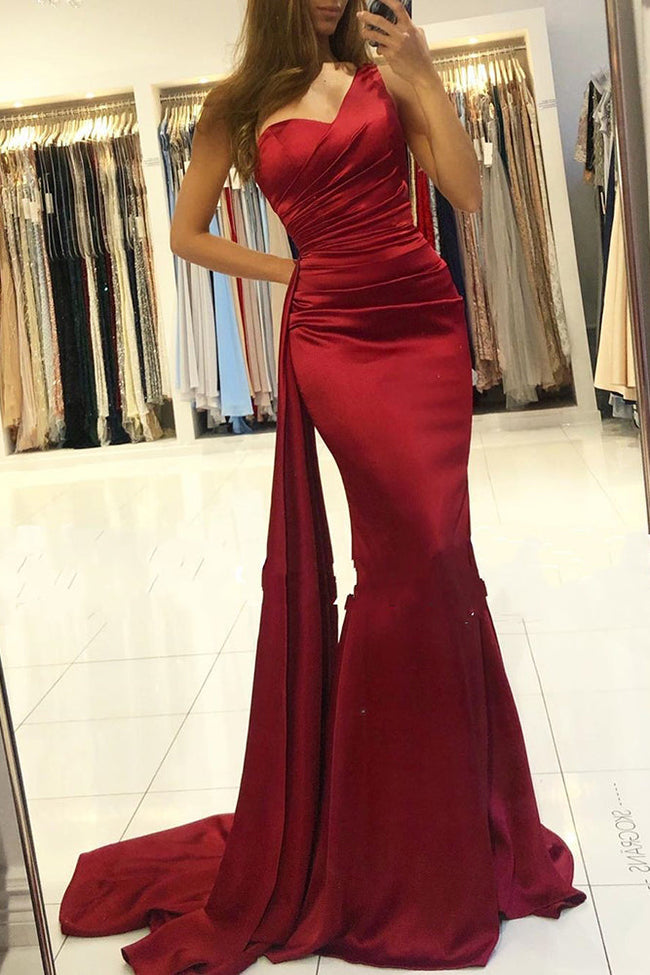 Charming Long Mermaid One Shoulder Burgundy Prom Dress With Slit Hover Image