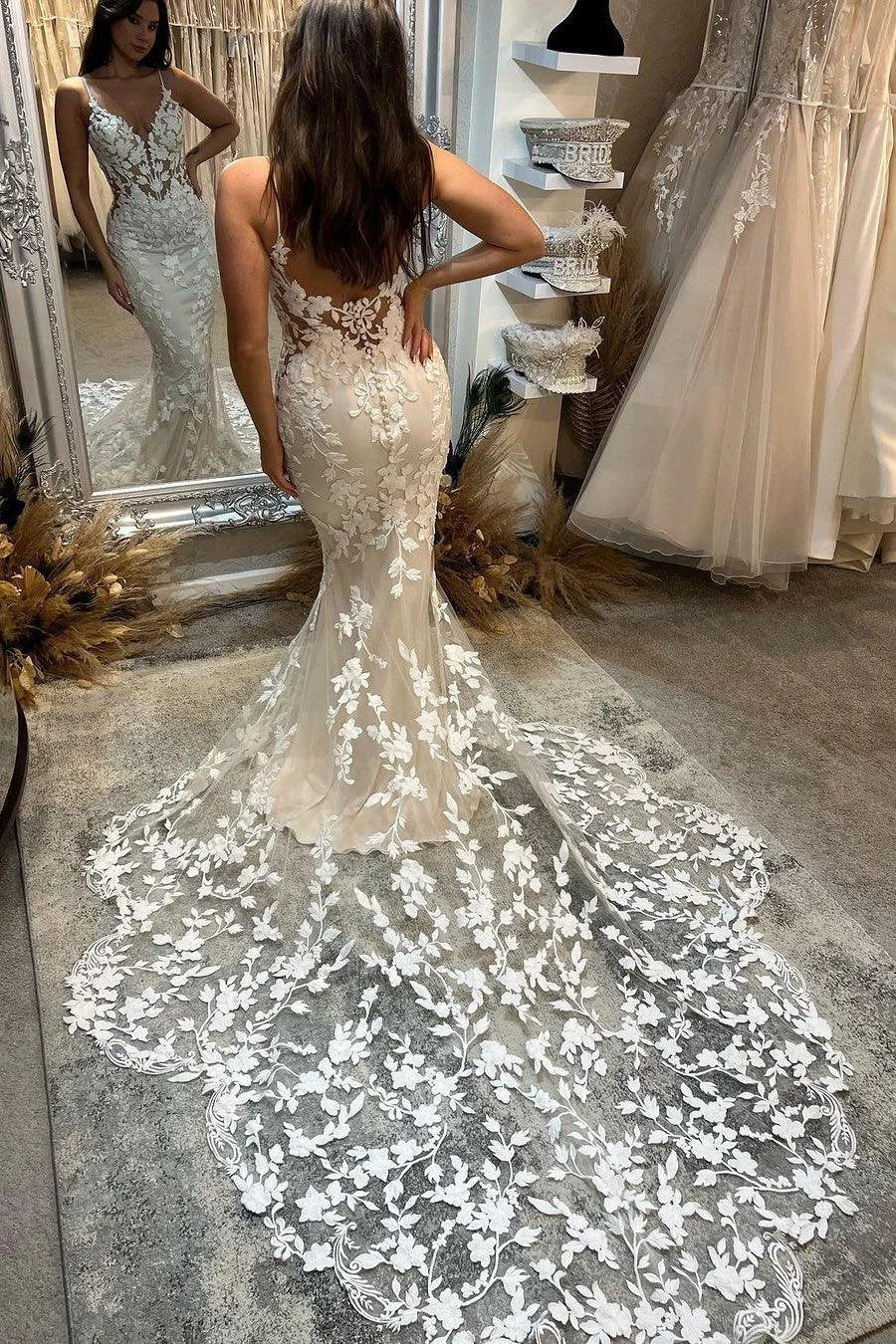 Charming Long Mermaid Spaghetti Straps Appliques V-neck Wedding Dress With Train by misshow.com