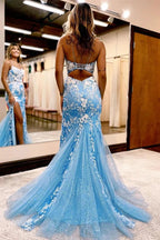 Charming Long Mermaid Spaghetti Straps Lace Sleeveless Prom Dress With Slit by misshow.com