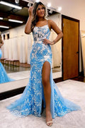 Charming Long Mermaid Spaghetti Straps Lace Sleeveless Prom Dress With Slit by misshow.com