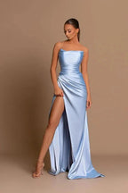 Charming Long Mermaid Strapless Sleeveless Satin Prom Dress with Slit by BIZTUNNEL