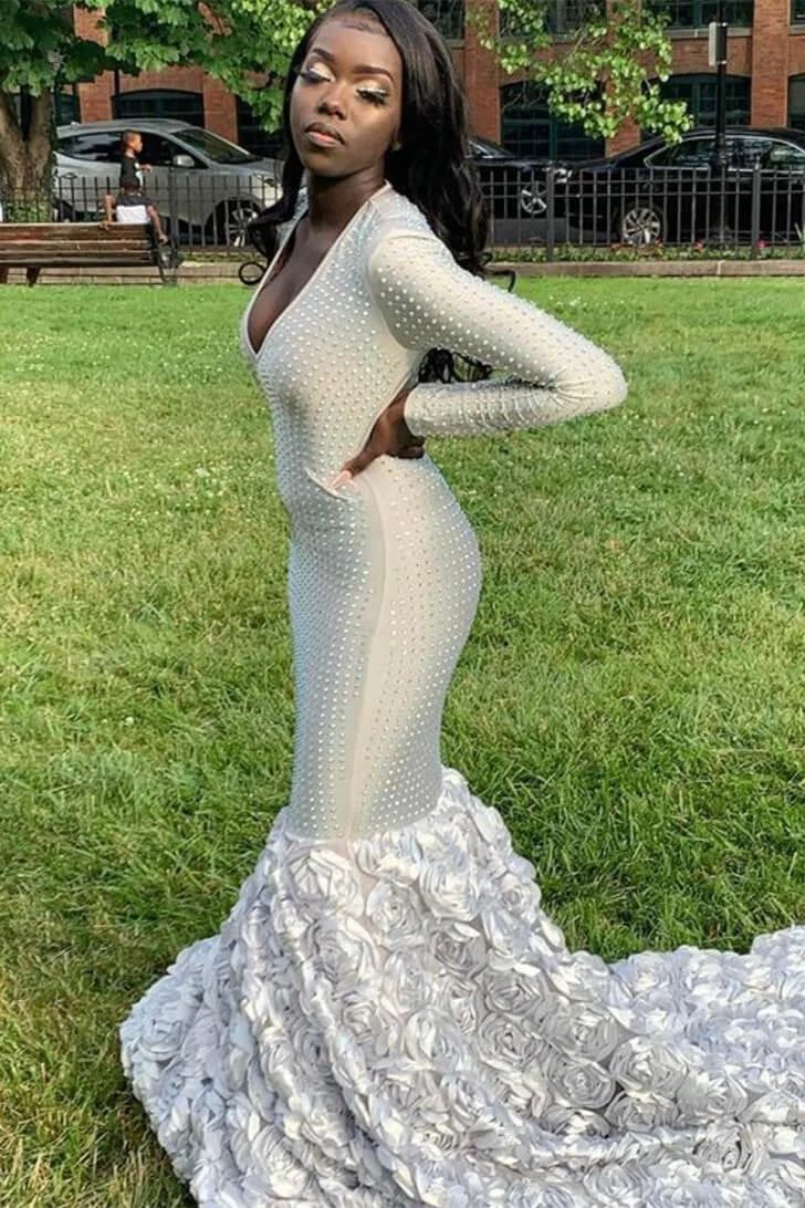 Charming Long Mermaid V-neck Long Sleeves Prom Dress With Beading by misshow.com