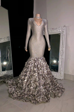 Charming Long Mermaid V-neck Long Sleeves Prom Dress With Beading by misshow.com