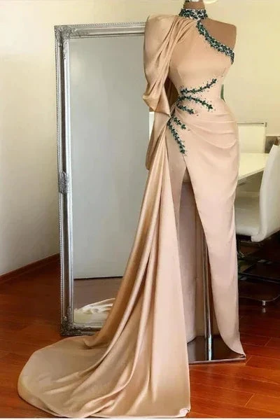 Charming Long One Shoulder Beading Long Sleeve Split Prom Dress With Train by misshow.com
