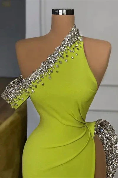 Charming Long One Shoulder Sleeveless Sequined Prom Dress With Slit by misshow.com