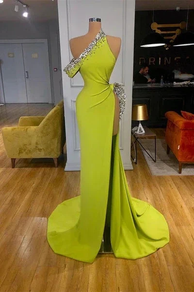 Charming Long One Shoulder Sleeveless Sequined Prom Dress With Slit by misshow.com