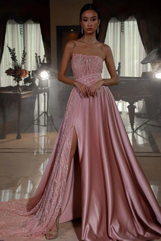 Charmantes langes rosa A-Linien-Ballkleid aus Spitze ohne Ärmel mit Schlitz