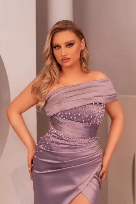 Charming Long Purple Off-the-shoulder Mermaid Sleeveless Pearls Prom Dresses With Slit by misshow.com