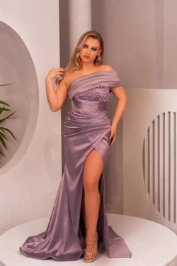 Charming Long Purple Off-the-shoulder Mermaid Sleeveless Pearls Prom Dresses With Slit by misshow.com