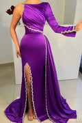 Charming Long Purple Satin Mermaid Prom Dresses With Rhinestone by misshow.com