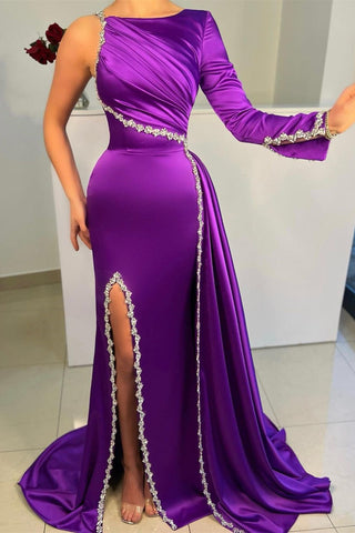 Charmantes langes lila Satin-Meerjungfrau-Ballkleid mit Strass