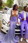 Charming Long Purple V-Neck Floor Length Long Sleeves Lace Prom Dress by misshow.com